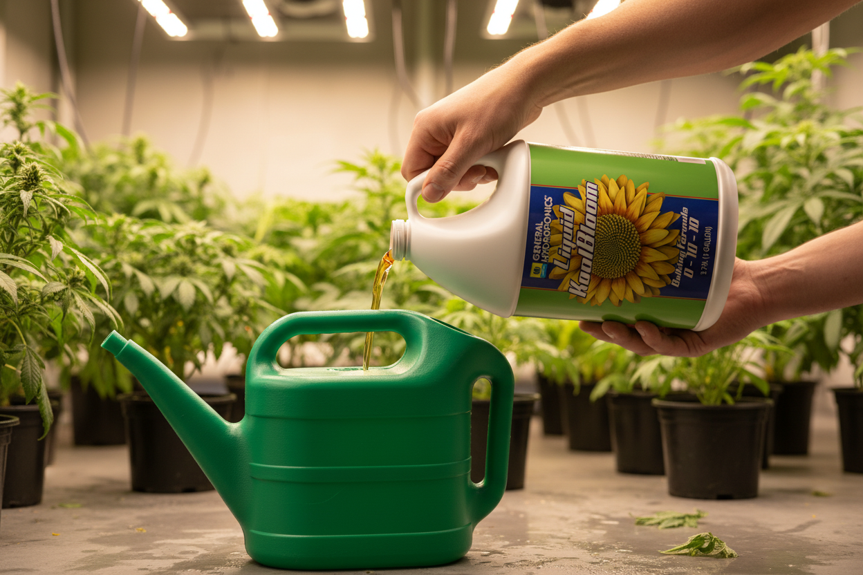Jardinero usando Liquid KoolBloom en regadera Grow Shop México